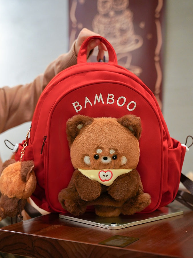 Red Cute Backpack With Red Panda Plushie