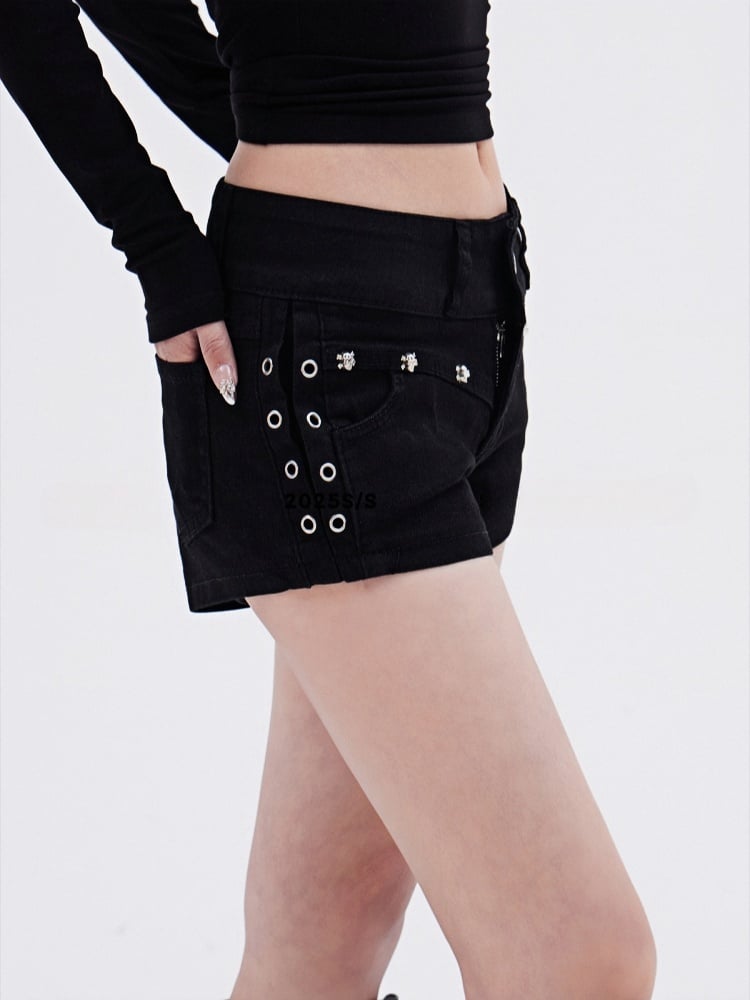 Y2K Taille Denim Shorts Nieten Glamourös Schwarz Niedrig