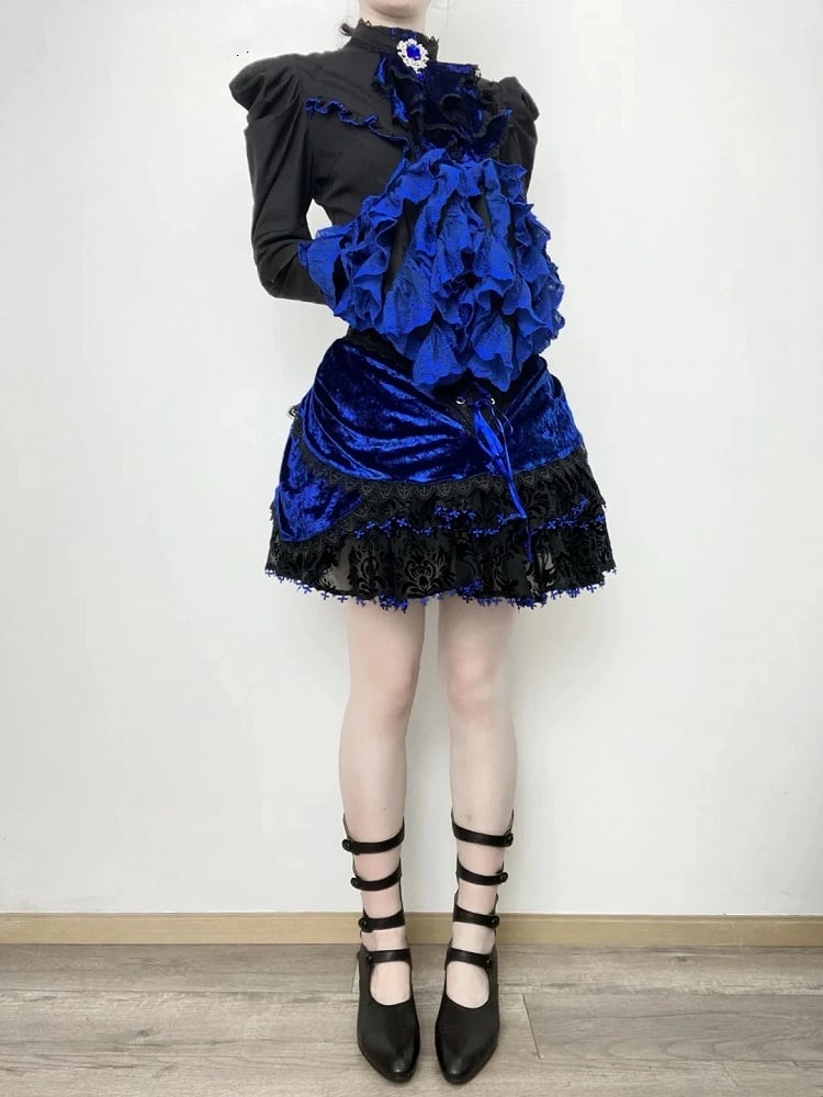 Boned Lolita Waist Tie Shirt Skirt Set Hat Black Gothic Jabot Long Sleeves High + - and Mini Blue Bell Klein Full