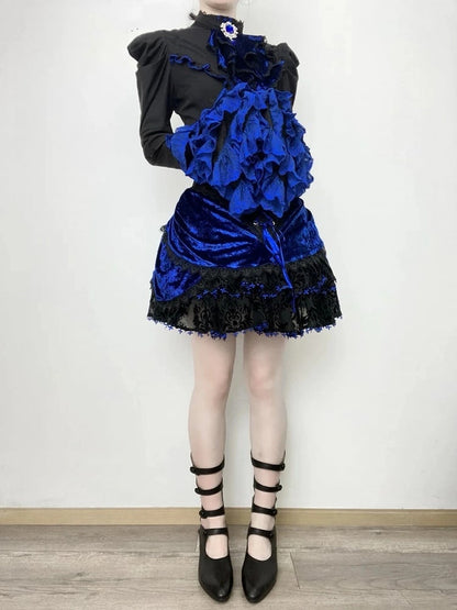 Boned Lolita Waist Tie Shirt Skirt Set Hat Black Gothic Jabot Long Sleeves High + - and Mini Blue Bell Klein Full