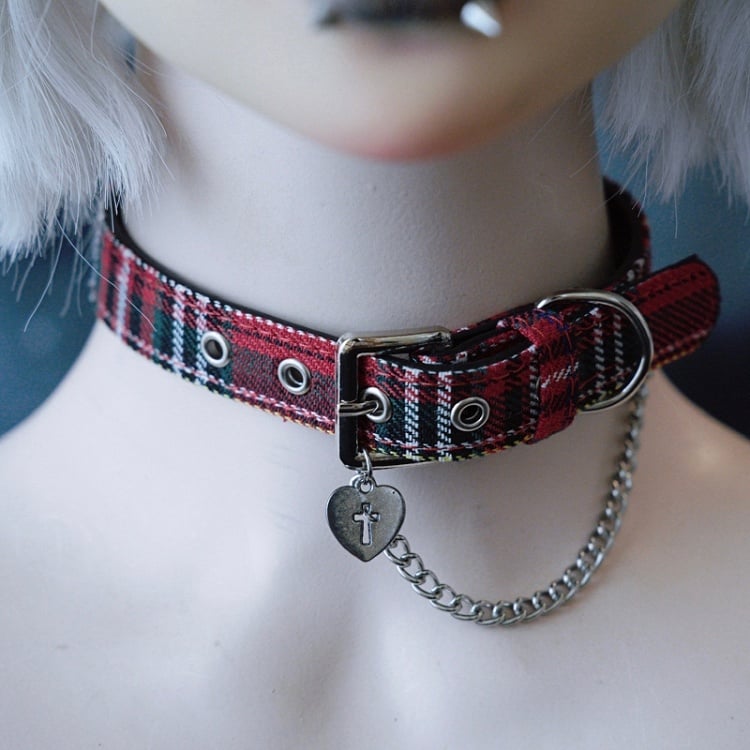 And Cross RedGreen Gothic Pendant Heart Plaid Chain Decorated Choker