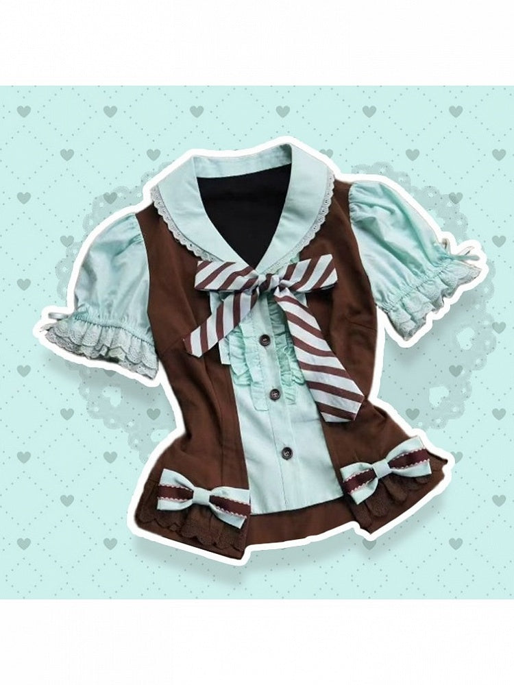Cocoa and Mint Balloon-Sleeve Two-Piece Look Top with Bow Details - Sweet Dream