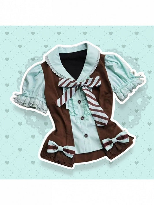 Cocoa and Mint Balloon-Sleeve Two-Piece Look Top with Bow Details - Sweet Dream