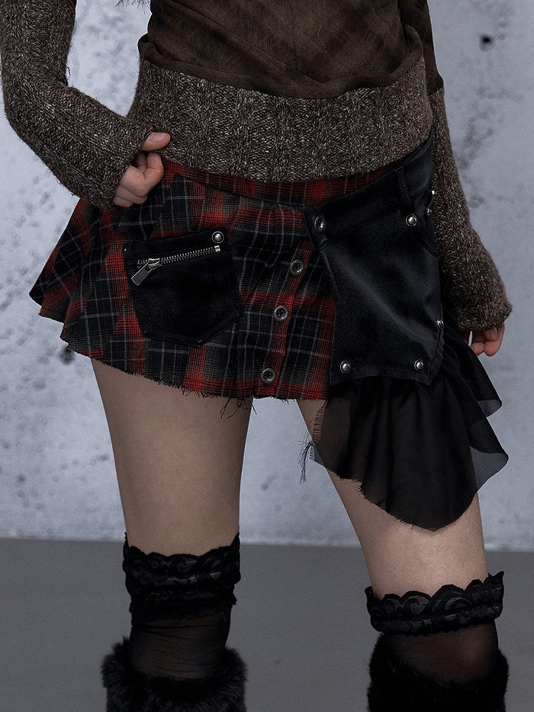 Punk Ruffled Mini Red Detachable Plaid Front Panel - Rock Skirt Black
