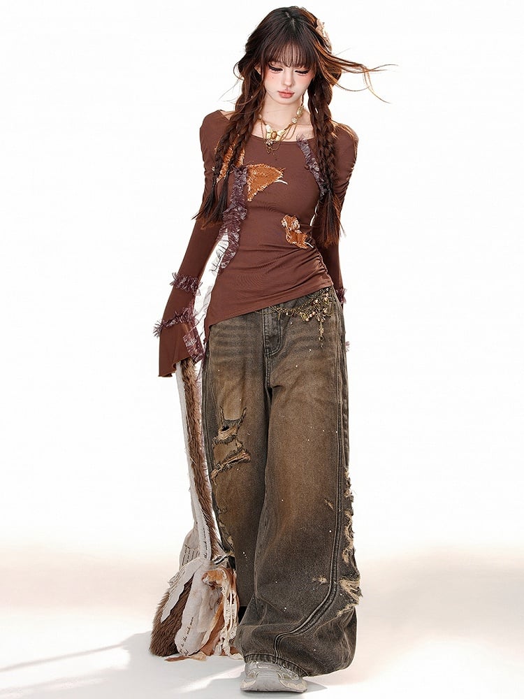 Braunes Mesh-Top mit Rüschendetail, geraffter Taille und Glockenärmeln