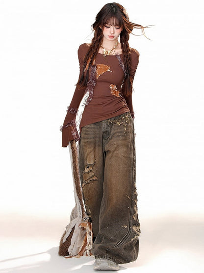 Braunes Mesh-Top mit Rüschendetail, geraffter Taille und Glockenärmeln