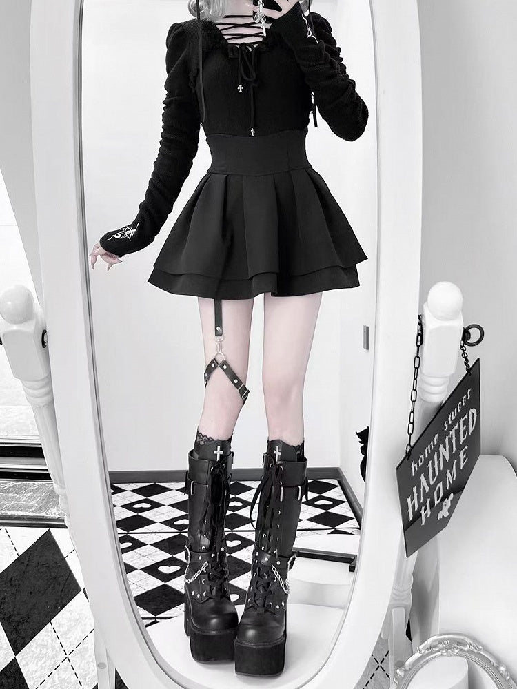 Lace-up Gothic Eye and Cross Embroidery Black Snake Knit Top with Straps Neckline