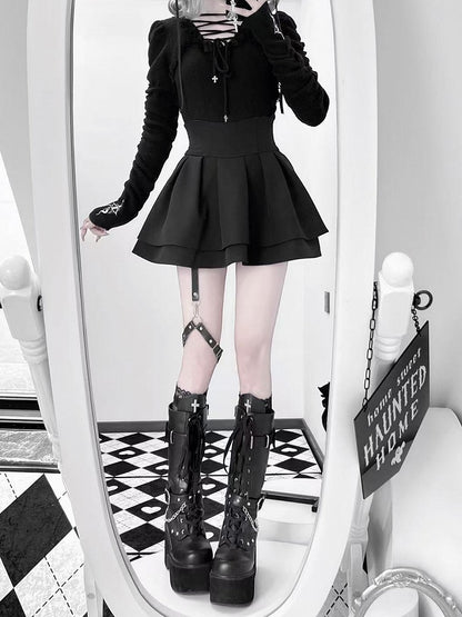 Lace-up Gothic Eye and Cross Embroidery Black Snake Knit Top with Straps Neckline