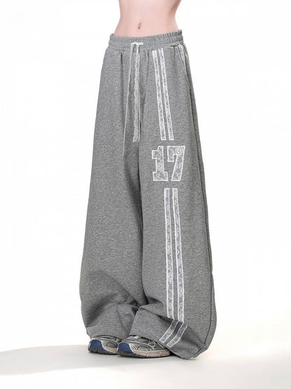 Gray Elastic Waist Lace Wide-Leg Drawstring Sports Pants Waist