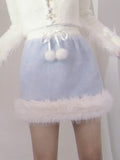 Cozy Plush-Trimmed Skirt with Pom-Pom Detailing Blue/White