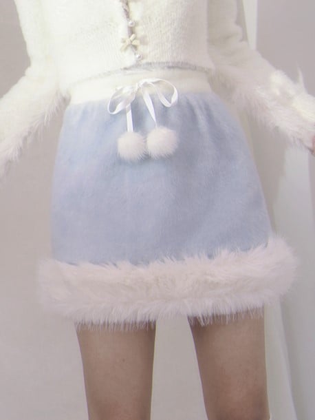 Cozy Plush-Trimmed Skirt with Pom-Pom Detailing Blue/White
