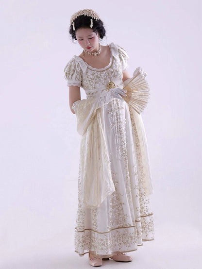 Weißes Empire-Taille Regency Elegantes Lolita Maxikleid Knöchellange Version