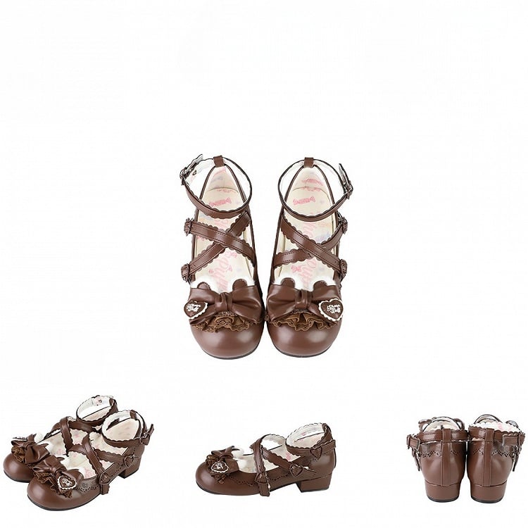 Bow Ear Snap Heels Plush Edge Lolita - Adjustable Heart Low Decor Sweet Scalloped Bear Brown with Top