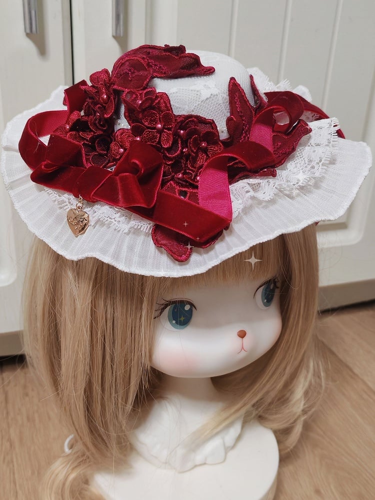 Wine Bowknot Mini Lolita Flower and Velvet Gorgeous Hat Red