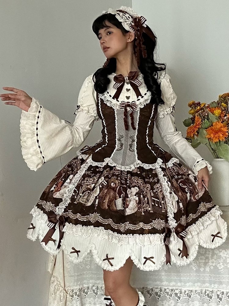 Gorgeous Doll Style Bear Symphony Theme OP with Lace Trim & Bow Accent - Twin Bear Original Design