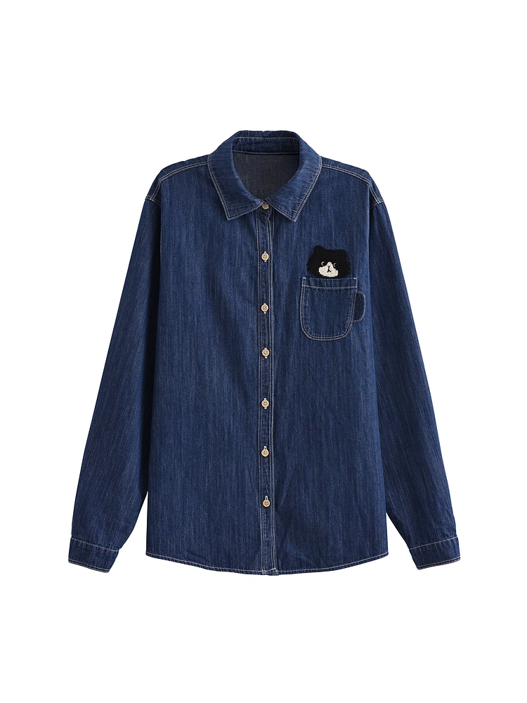 Kitty Dark Blue Faded Wash Denim Shirt Cute Embroidery