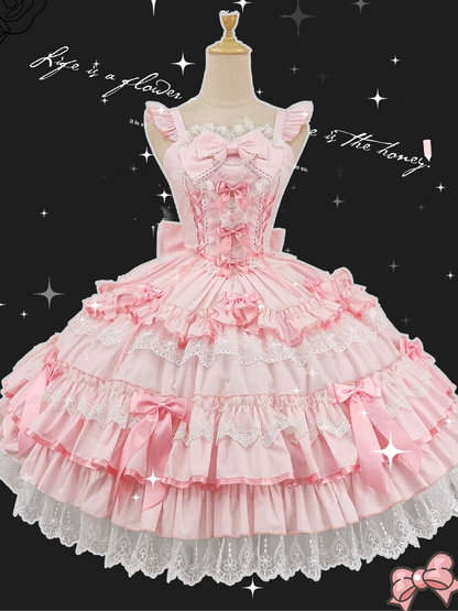 Rockärmel Pullover Old School Lolita Baumwolle Flatterrosa Kleid Schnürung Taille Spitzenbesatz