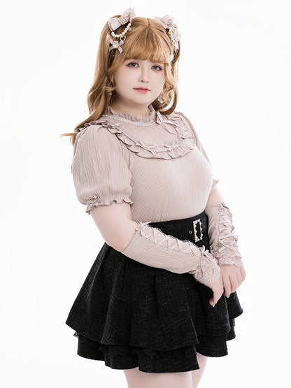 Jirai Kei Dusty Pink Blouse with Bowknot and Bead Decor, Illusion Neckline, Free Armwear - Fluffy Heart