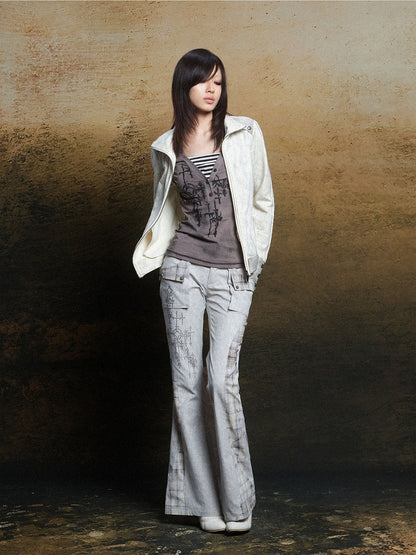 Punk Two-Piece Short Striped Sleeves Gray Khaki Faux with Lace-Up Top Motif Cross Long