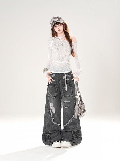 Rise Distressed Holes Wide-Leg Cargo Raw Black/Blue Hem Low