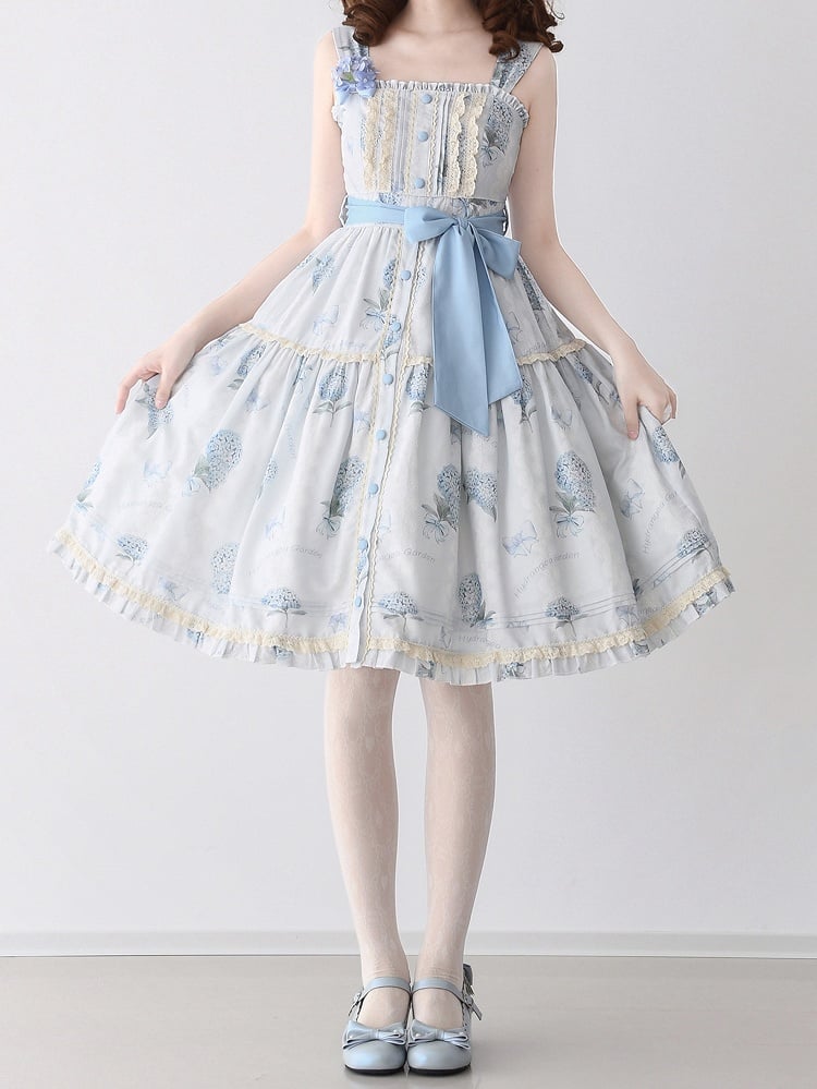 アジサイプリントのブルーのサマーフローラルドレス、フロントボタンのプラケットヘムのロリータジャンパースカート