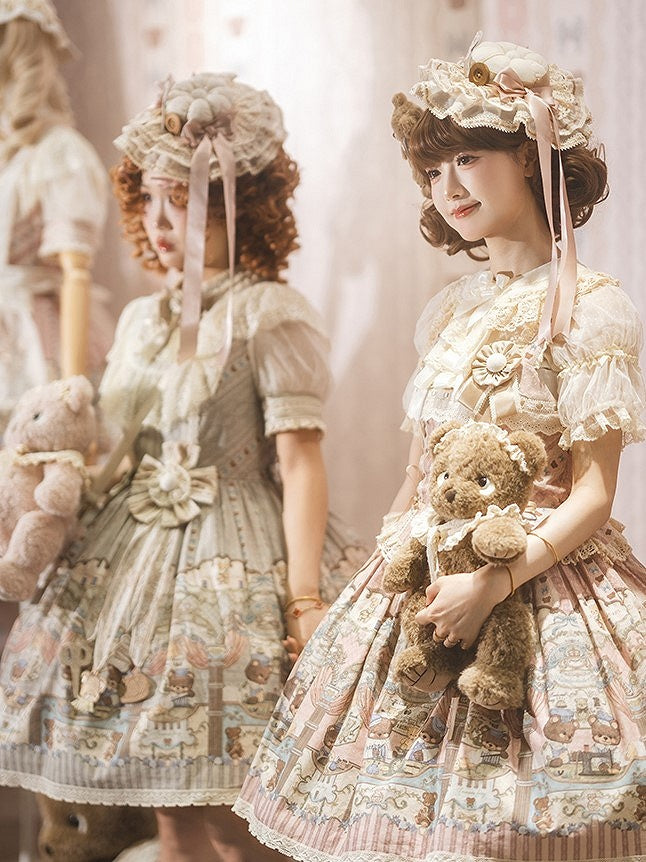 Sweet with Corset Neckline Lacing Printed Bear Square Lolita Dress Pink
