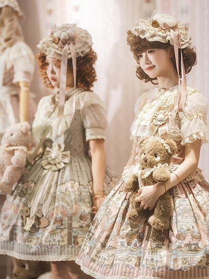 Sweet with Corset Neckline Lacing Printed Bear Square Lolita Dress Pink
