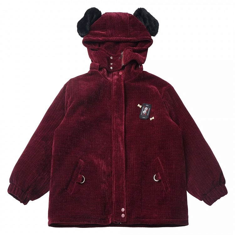 Kawaii Puppy-Ear Hooded Coat with High Neck in Wine Red