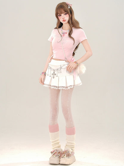 プリーツミニレースアプリコットボックススカートトリム