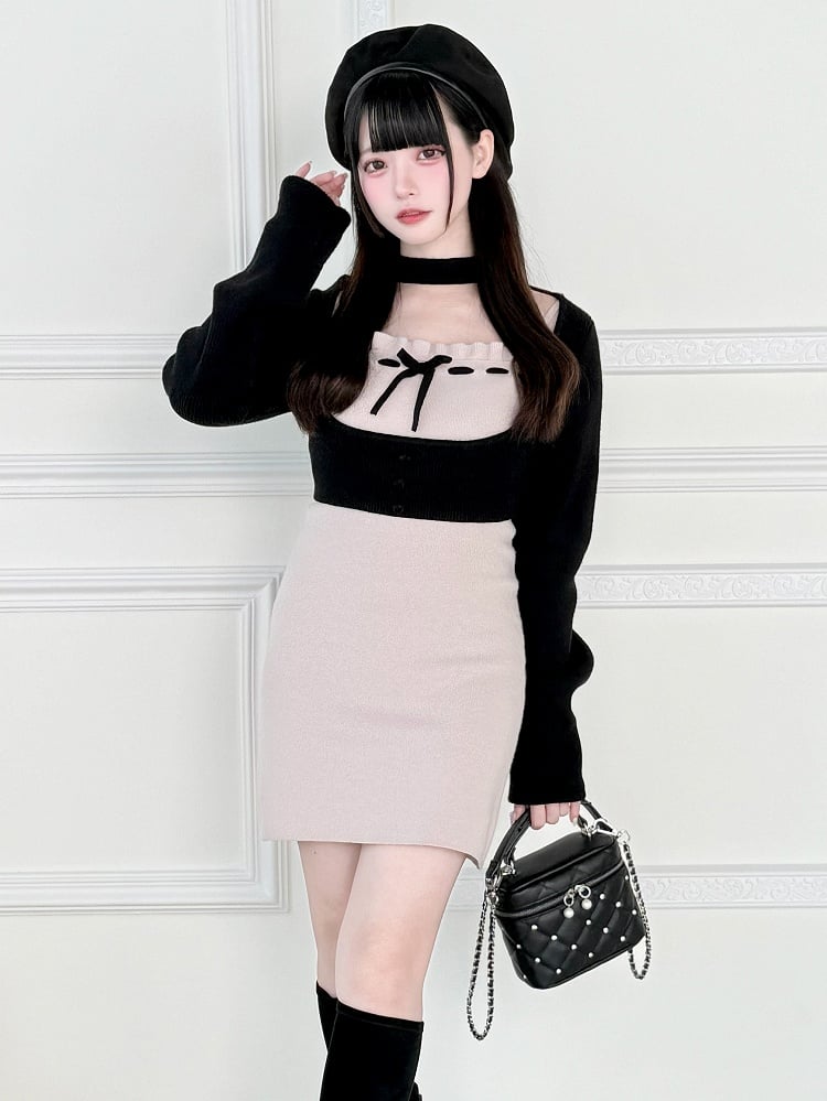 Slip Two-Piece with Dress Set: Black Kei Top Jirai Elegant Open-Bust Pink