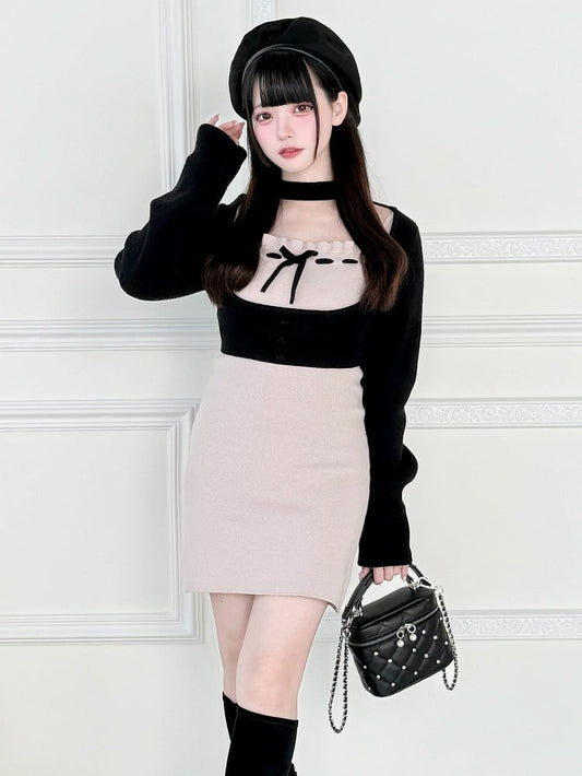 Slip Two-Piece with Dress Set: Black Kei Top Jirai Elegant Open-Bust Pink