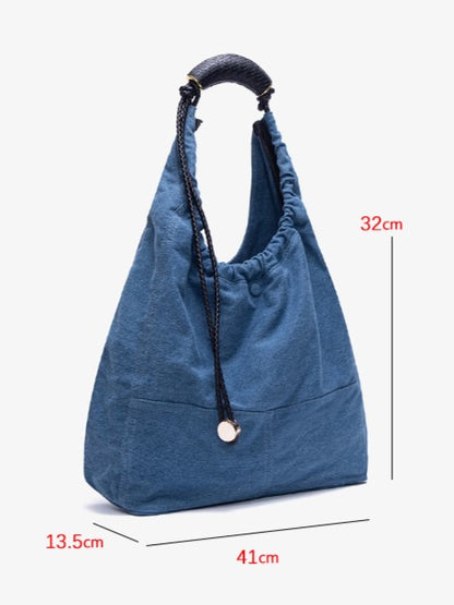 Denim Capacity Tote Shoulder Bag With Adjustable Braided Strap Blue Large