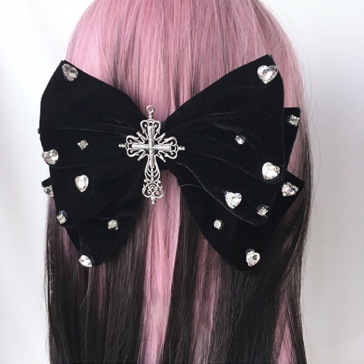 Heart Hairclip Option Rhinestone Decorated Cross Black 2