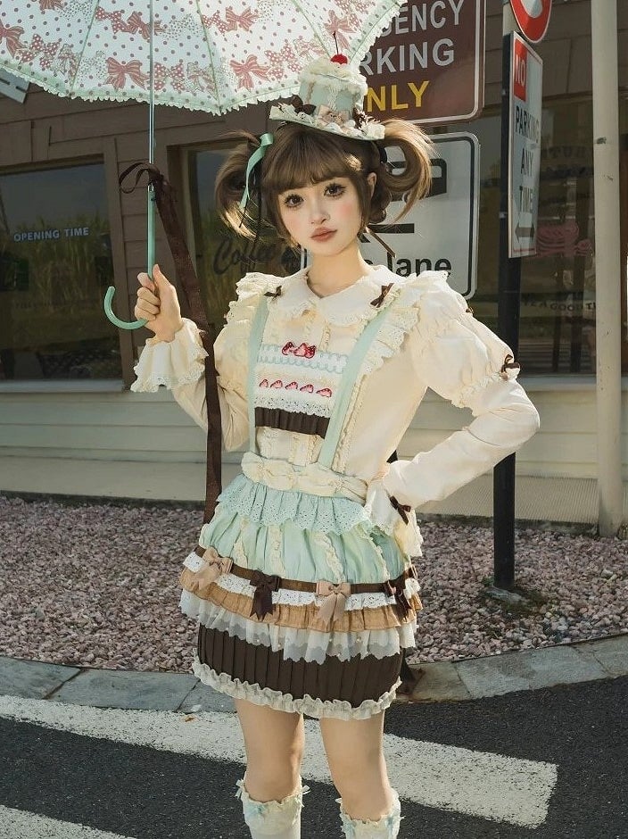 Brown Beige Long Blouse Lolita Sleeves Bowknots with