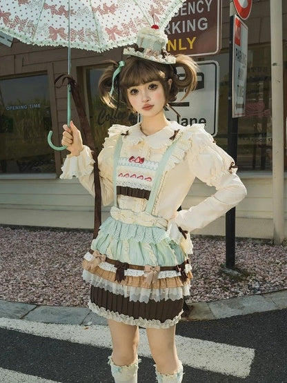 Brown Beige Long Blouse Lolita Sleeves Bowknots with