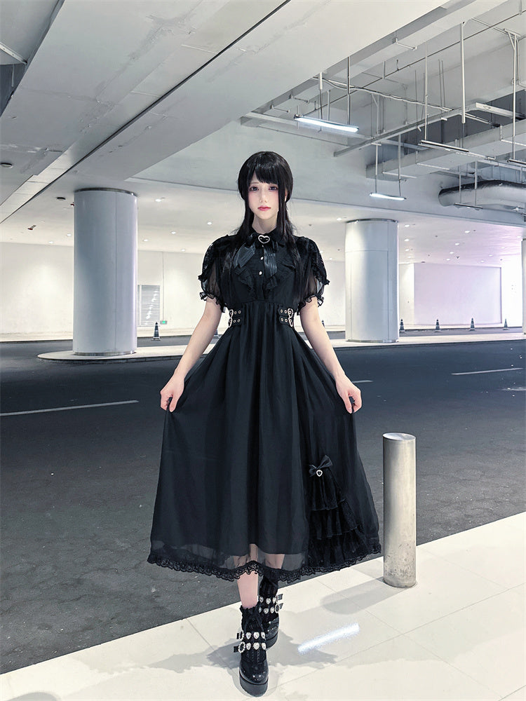 Hem Ruffles Tiered Dress Jirai Kei Black Chiffon Heart Buckles Waist