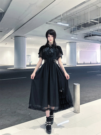 Hem Ruffles Tiered Dress Jirai Kei Black Chiffon Heart Buckles Waist