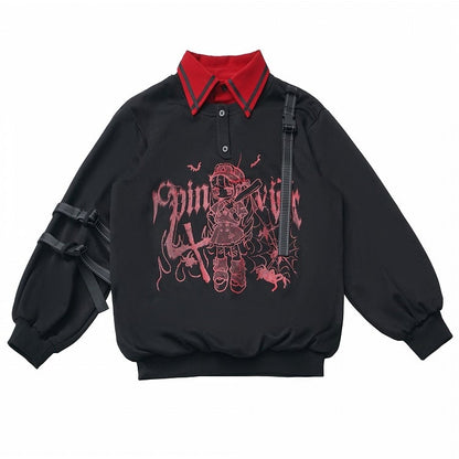 and Anime Graffiti Print Techwear-Style Straps with Girl Letter Snap Detachable Black/White Sweatshirt