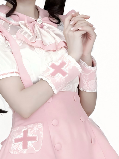 White & Pink Cross-Decorated Wrist Cuffs - Shi Zhai Xin