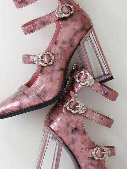 Polished Pink Gothic Crocodile Buckle Straps High Block Heels