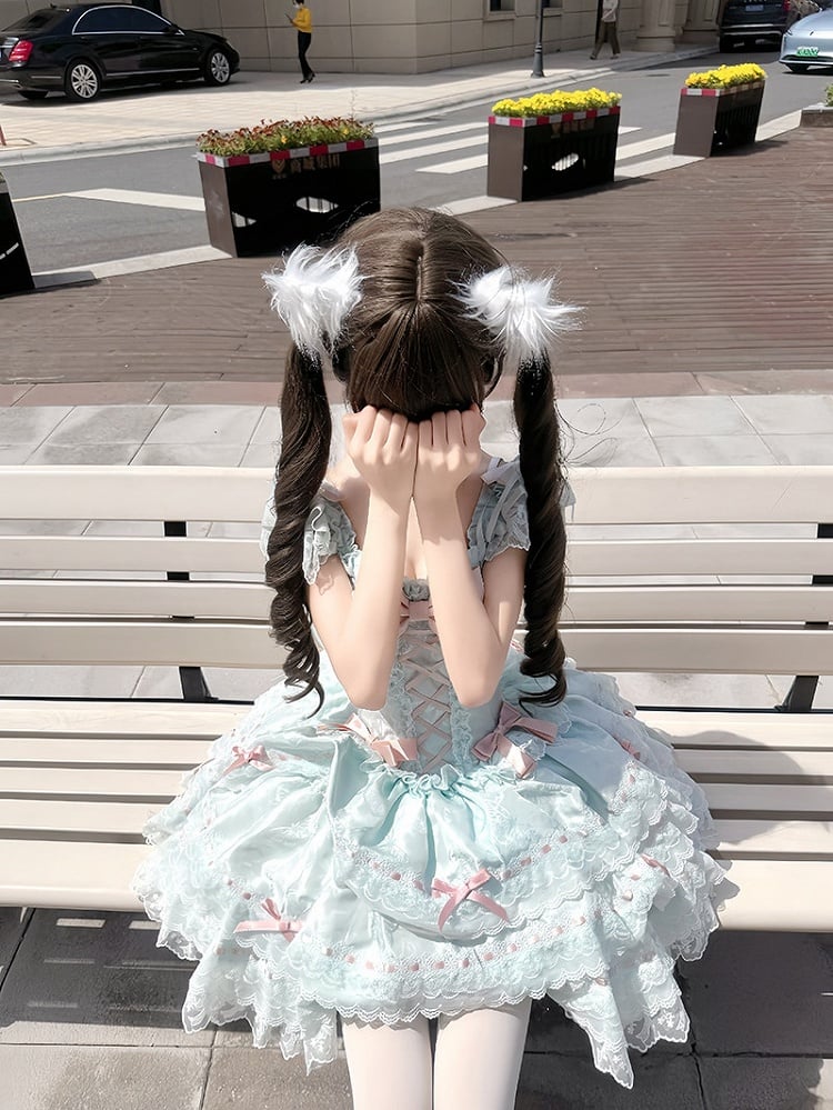 Lace Jacquard with Green Dress Princess Bow Lolita Details Multi-Layered