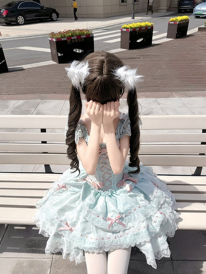 Lace Jacquard with Green Dress Princess Bow Lolita Details Multi-Layered