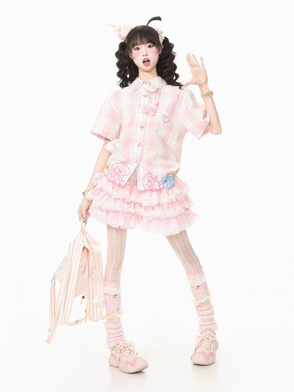 Rose Kawaii Tartan Tee with Pup Motif and Ribbon Buttons - Languid Park