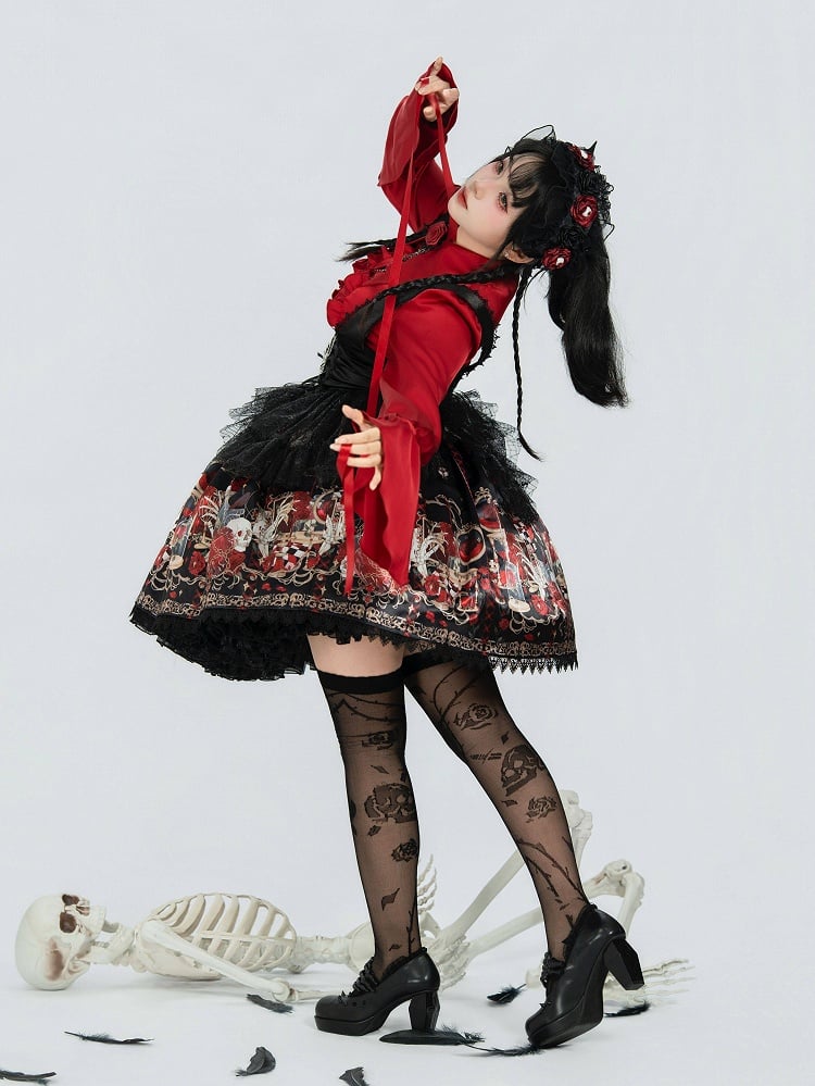 Bust Skull Short Gothic Spider Red and Under Rosette Lolita JSK Overlay with Dress Print Web