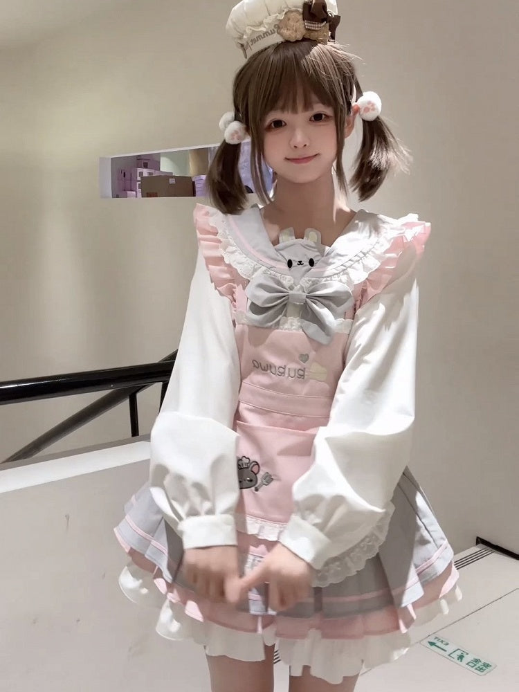 Bow Sailor Mouse Button Blouse Cute - Collar White Themed Gray with Embroidery Front Trim Lace