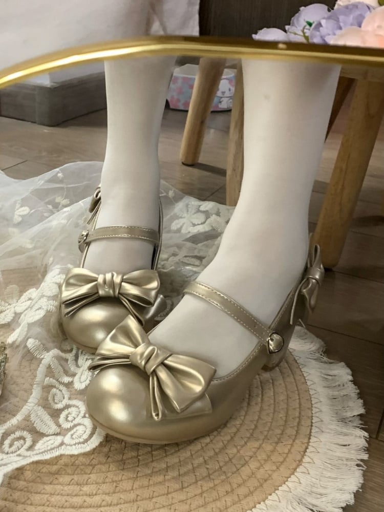 Golden Mid-heel Mary Jane Shoes with Heart-shaped Snap and Bow Accents