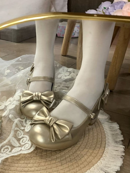 Golden Mid-heel Mary Jane Shoes with Heart-shaped Snap and Bow Accents