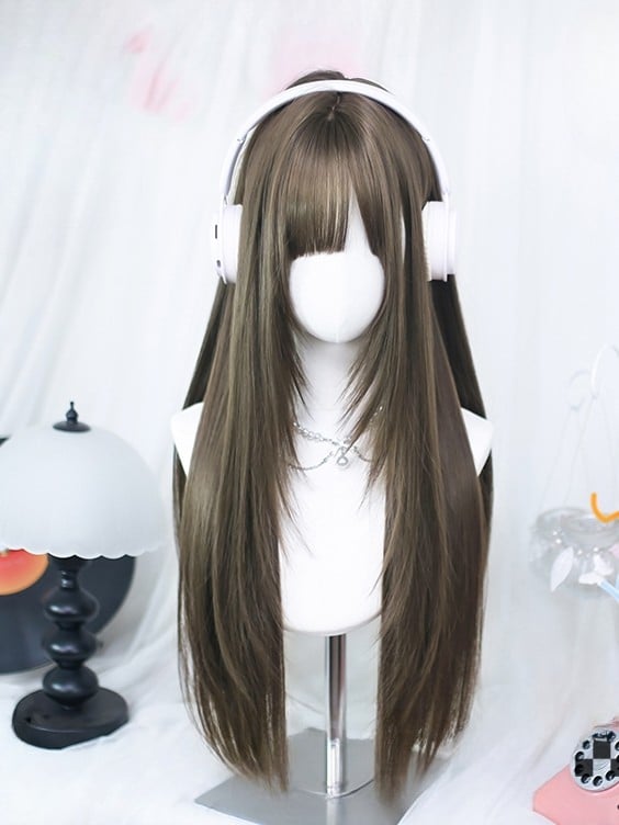 長さ ブラウン ストレート ウィッグ付き 前髪 60-65CM