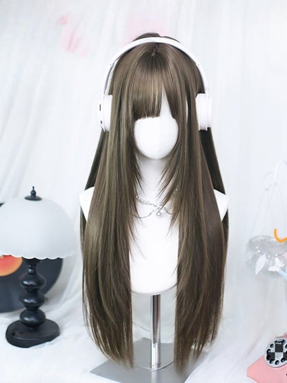 長さ ブラウン ストレート ウィッグ付き 前髪 60-65CM