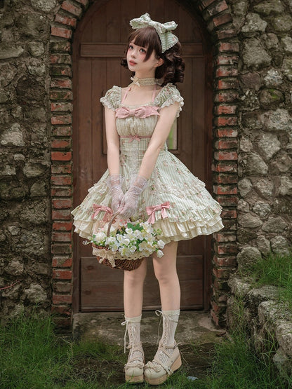 Floral Striped Dress Set with Hair Clip and Choker - With PUJI